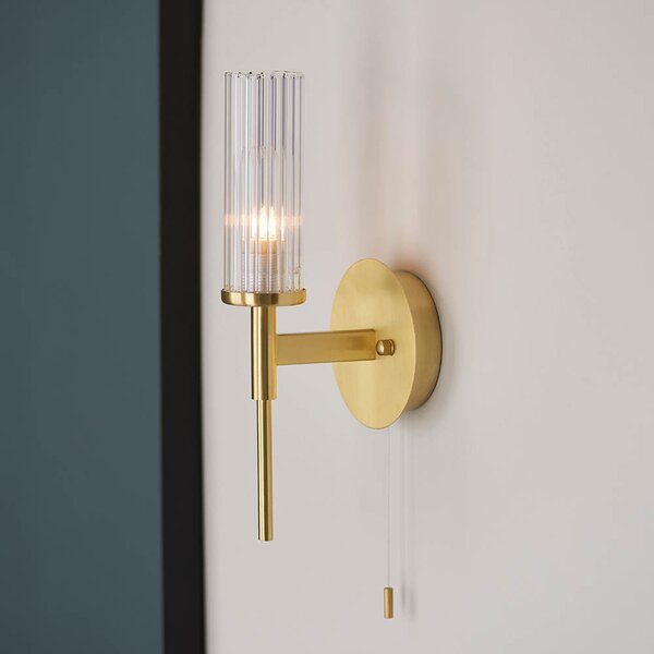 Talo Clear Ribbed Glass Shade Bathroom Wall Light In Brass