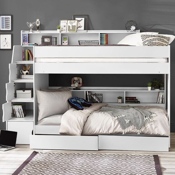 Cadott Wooden Staircase Bunk Bed With 2 Drawer In White