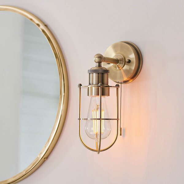 Adel Industrial Designer Caged Bathroom Wall Light In Brass