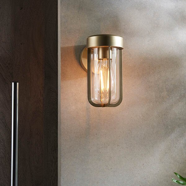 Adel Clear Glass Shade Outdoor Wall Light In Gold