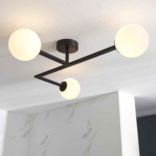 Adel Matt Opal Glass Shade Bathroom Semi Flush Light In Black