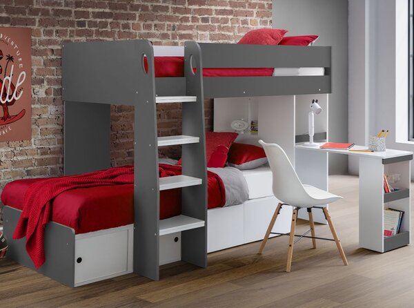 Ebril Wooden Bunk Bed With Desk And Ladder In Charcoal And White