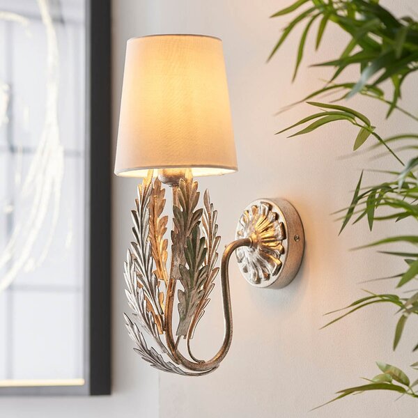 Delphine Ivory Fabric Shade Wall Light In Silver Leaf