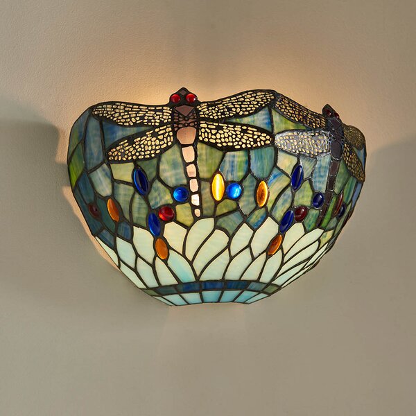 Dragonfly Blue Tiffany Glass Shade Wall Light In Matt Black