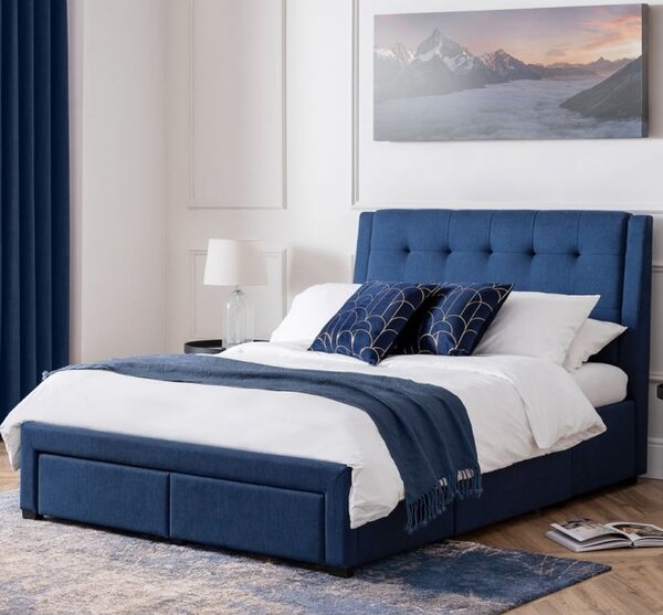 Fauna Fabric Super King Size Bed With 4 Drawers In Blue