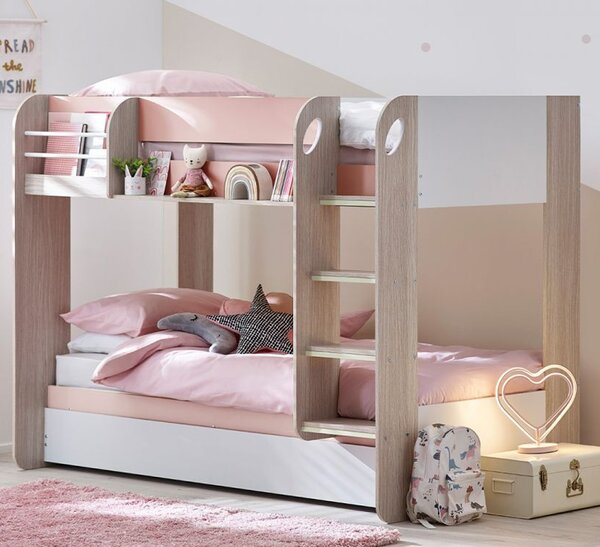 Mars Wooden Children Bunk Bed With Ladder In Pastel Pink