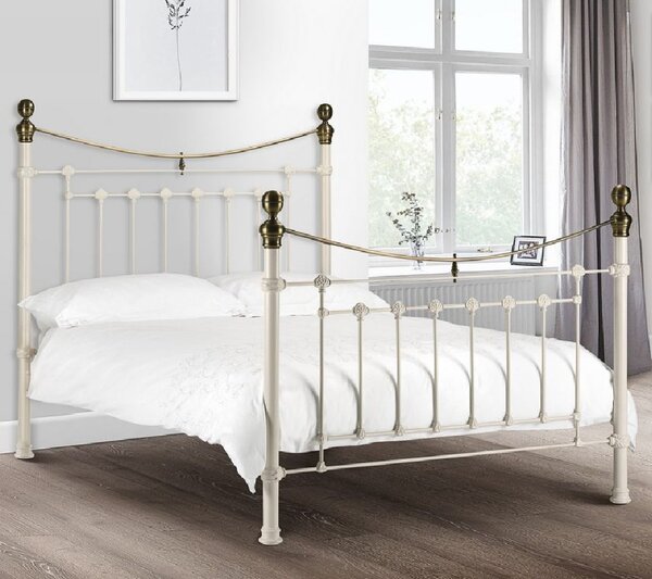 Vale Metal King Size Bed In Stone White And Brass