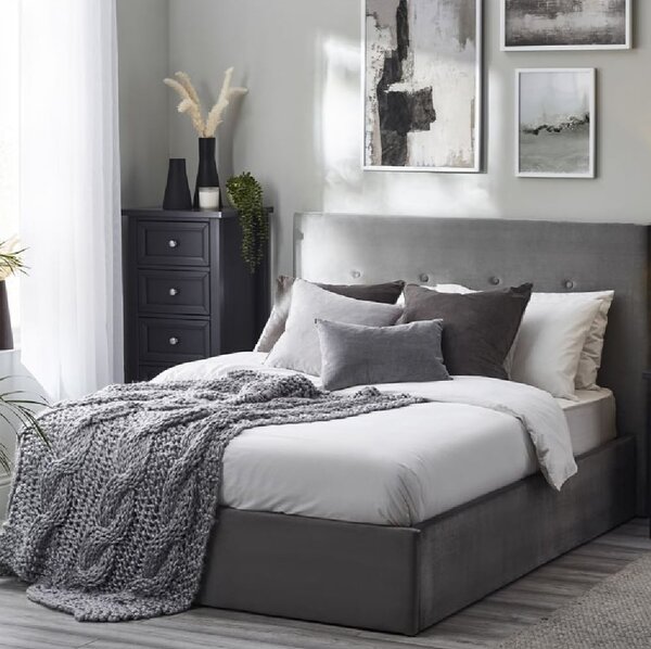 Silvis Velvet Storage Ottoman Double Bed In Grey