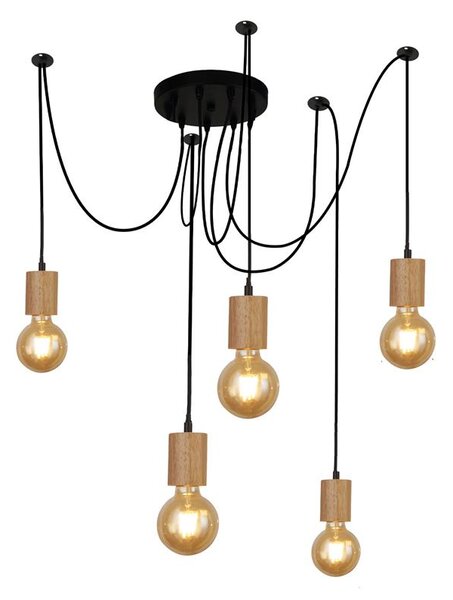 Spinny 5 Light Pendant Light In Wood And Matt Black