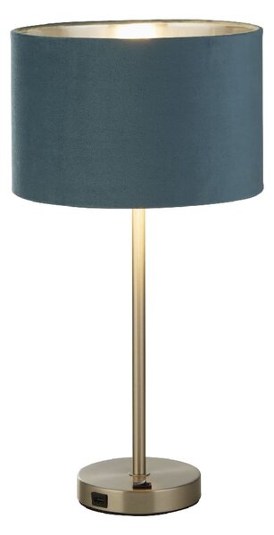 Finn Teal Velvet Shade Table Lamp With USB In Satin Nickel