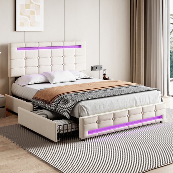 Upholstered Double Bed Frame with LED Lighting and Storage Drawers, Adjustable Headboard, Easy Assembly, 198.5L x 143W x 107.5H cm, Beige Aosom.UK