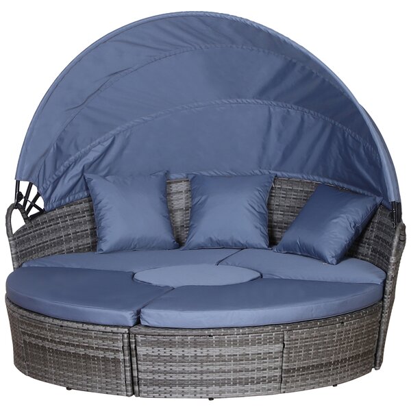 Outsunny 6-Seater Rattan Sofa Bed Garden Furniture Cushioned Wicker Round Sofa Bed with Coffee Table Patio Conversation Furniture Set - Grey