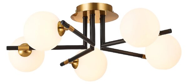 Batley 5 Light Glass Shade Flush Light In Black And Brass