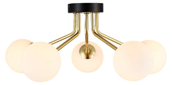 Dore 5 Light Opal Glass Shade Flush Light In Gold And Black