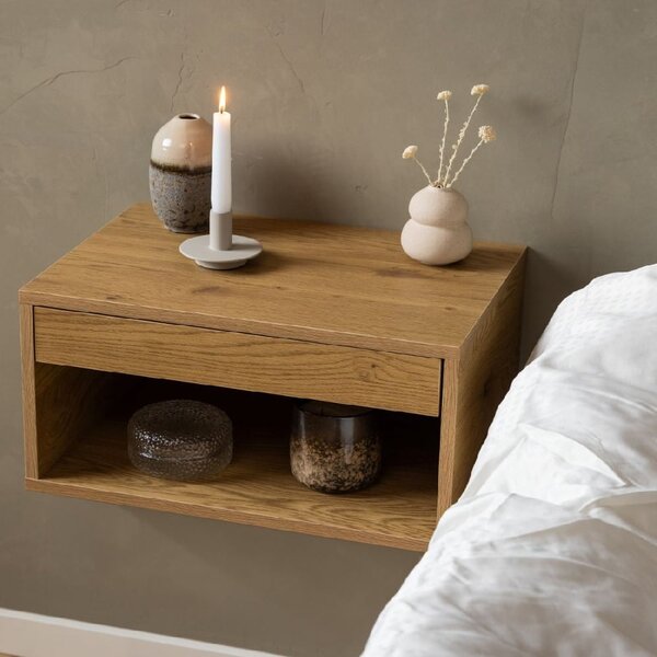 Carmel Wall Hung Wooden Bedside Cabinet With 1 Drawer In Oak