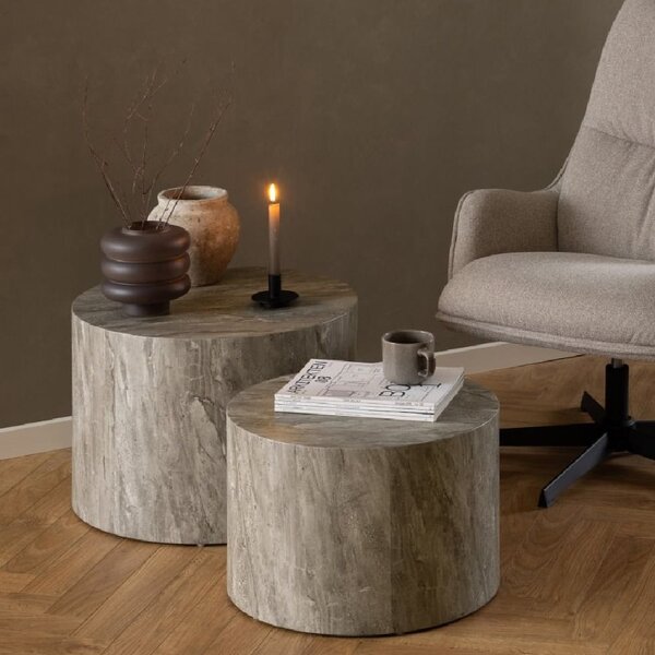 Dania Wooden Set Of 2 Coffee Table Round In Grey Marble Effect