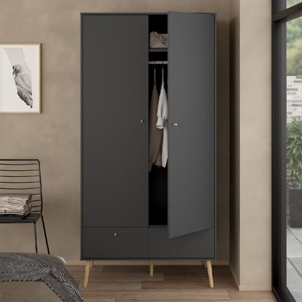 Casey Wooden Wardrobe With 2 Doors 2 Drawers In Dark Grey