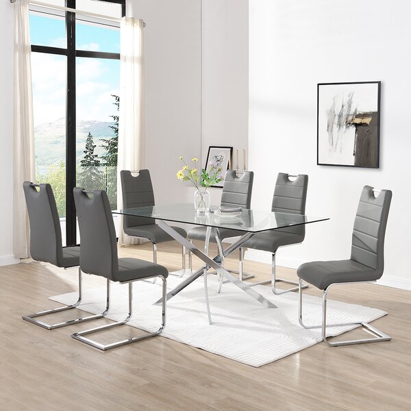 Daytona Large Glass Dining Table With 6 Petra Grey Chairs