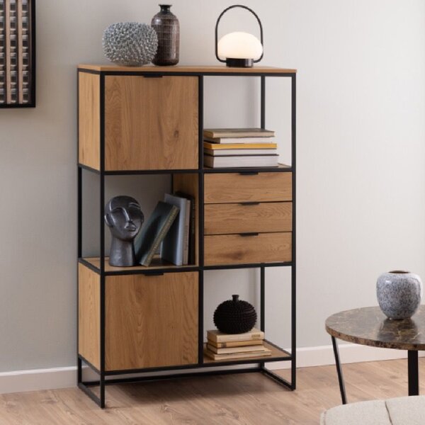 Seguin Wooden Bookcase Wide With 2 Doors 3 Drawers In Oak Black