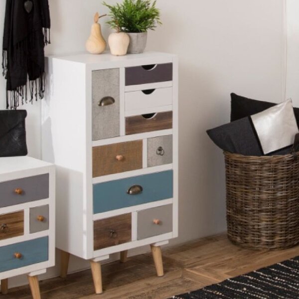 Taos Wooden Chest Of 9 Drawers With Oak Legs In Multicolour