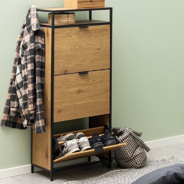 Sparks Wooden Shoe Cabinet With 3 Flip Doors In Oak And Black