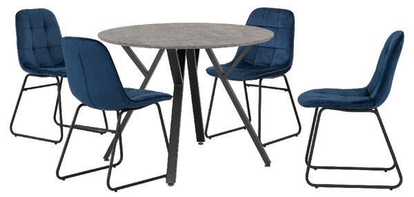 Alsip Round Concrete Dining Table With 4 Lyster Blue Chairs