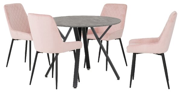 Alsip Round Concrete Dining Table With 4 Avah Pink Chairs