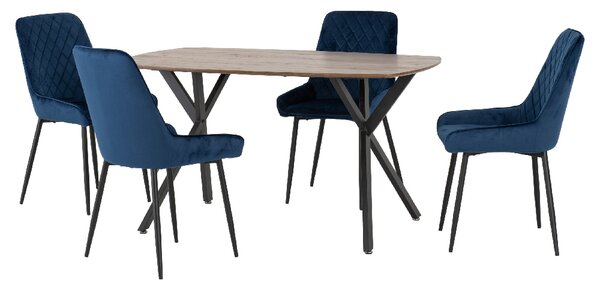Alsip Oak Wooden Dining Table With 4 Blue Velvet Chairs