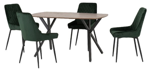 Alsip Oak Wooden Dining Table With 4 Green Velvet Chairs