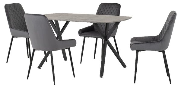 Alsip Concrete Effect Dining Table With 4 Grey Velvet Chairs