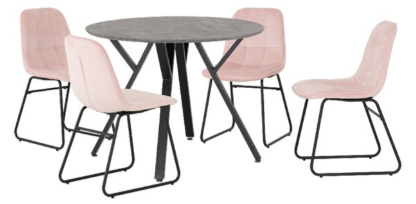 Alsip Round Concrete Dining Table With 4 Lyster Pink Chairs