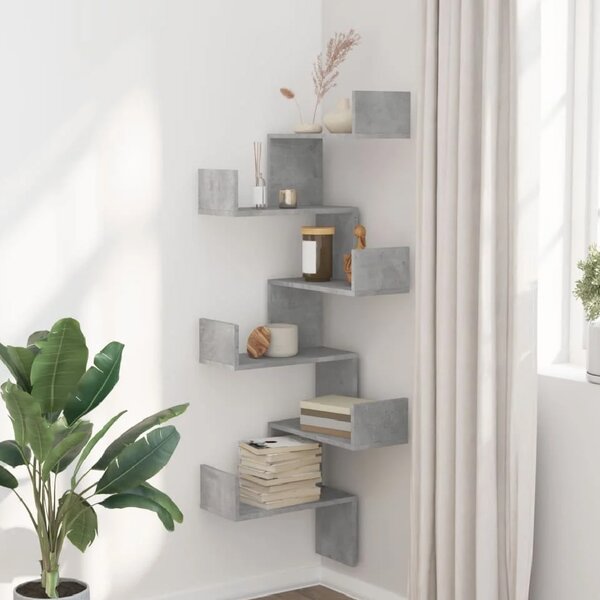 Ruston Wooden Corner Wall Shelf With 6 Shelves In Concrete Grey