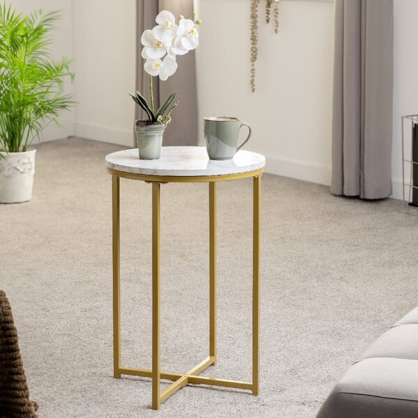 Dover Wooden Side Table With Gold Frame In White Marble Effect