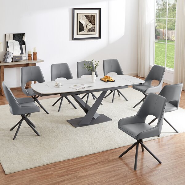 Amaari Sintered Stone Extending Dining Table With 8 Grey Chairs