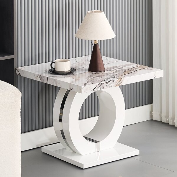 Halo High Gloss Lamp Table In White And Milo Marble Effect