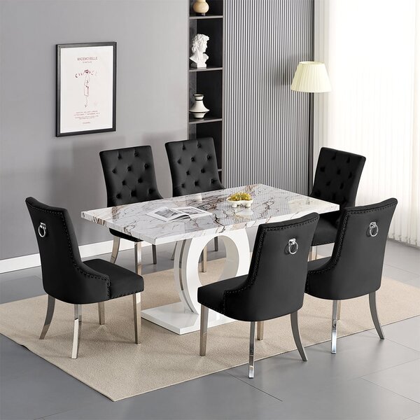 Halo Milo Marble Effect Dining Table 6 Imperial Black Chairs