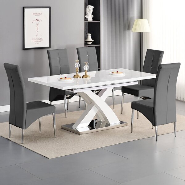 Axara Large Extending White Dining Table 6 Vesta Grey Chairs