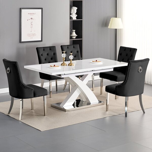 Axara Large Extending White Dining Table 6 Imperial Black Chairs