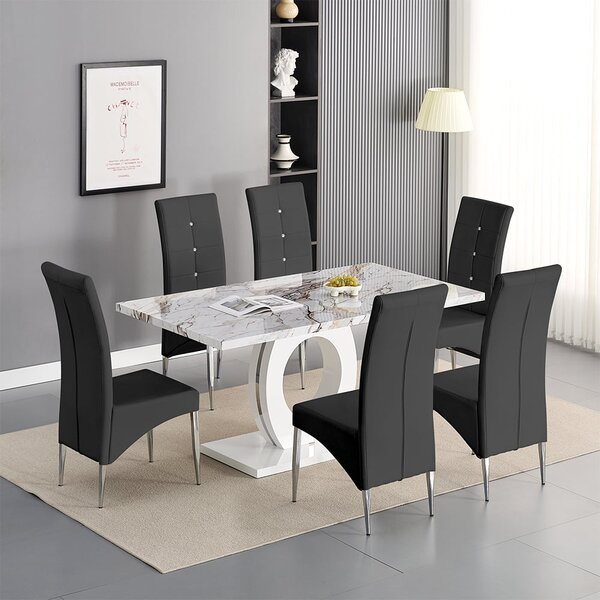 Halo Milo Marble Effect Dining Table 6 Vesta Black Chairs