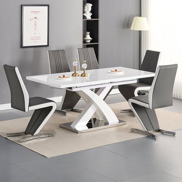 Axara Large Extending White Dining Table 6 Gia Grey White Chairs