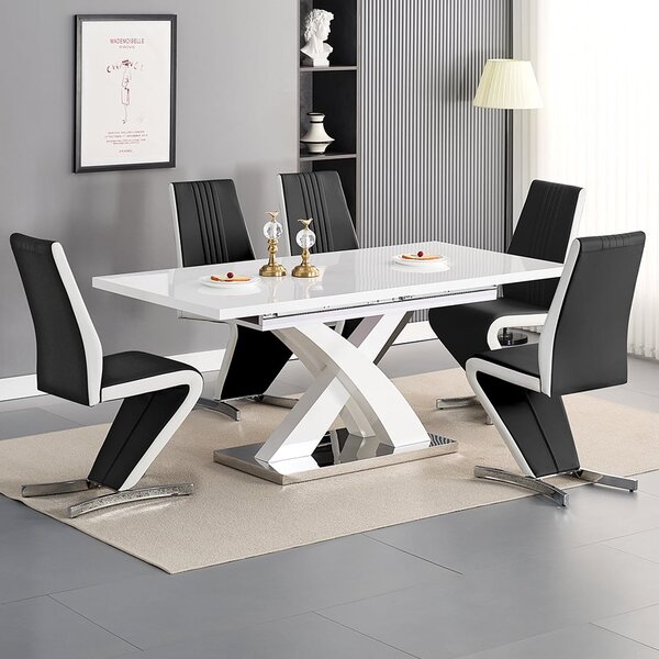 Axara Large Extending White Dining Table 6 Gia Black White Chairs