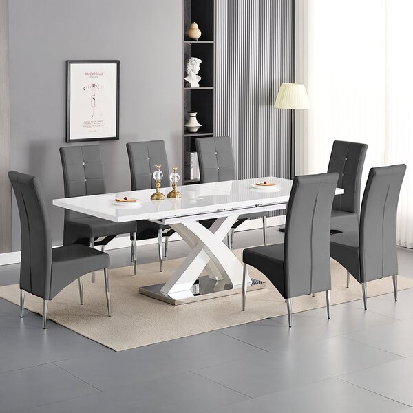 Axara Large Extending White Dining Table 8 Vesta Grey Chairs