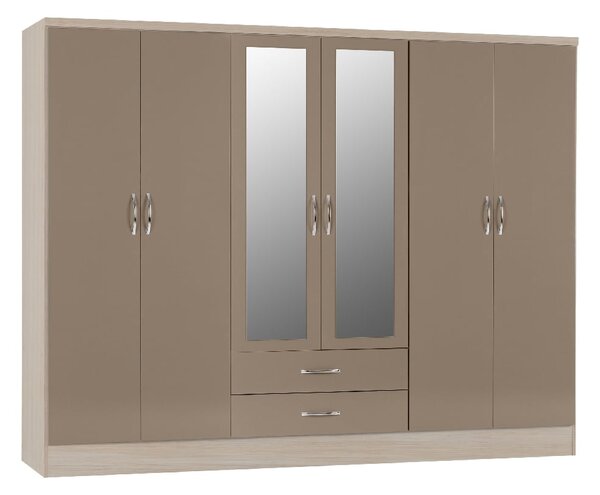 Mack Wooden Wardrobe With 6 Door And Oyster Gloss Front In Oak