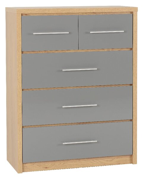 Samaira Wooden Chest Of 5 Drawers With Grey Gloss Front In Oak