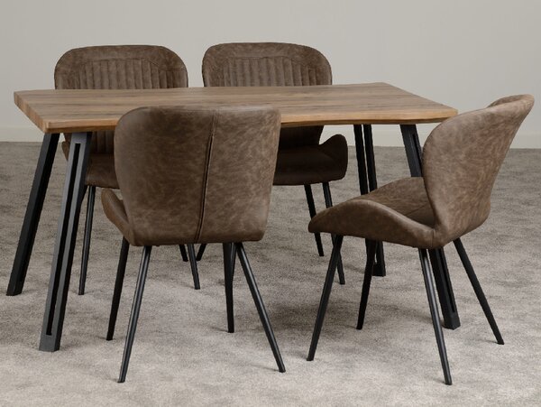 Qinson Wave Edge Wooden Dining Table With 4 Brown Leather Chairs