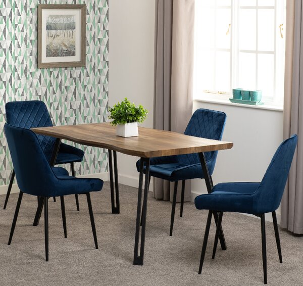 Qinson Wave Edge Wooden Dining Table With 4 Avah Blue Chairs