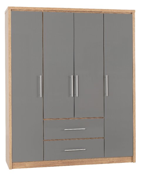 Samaira Wooden Wardrobe With 4 Door And Grey Gloss Front In Oak