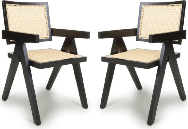 Derby Oak And Black Rattan Wooden Dining Chairs In Pair