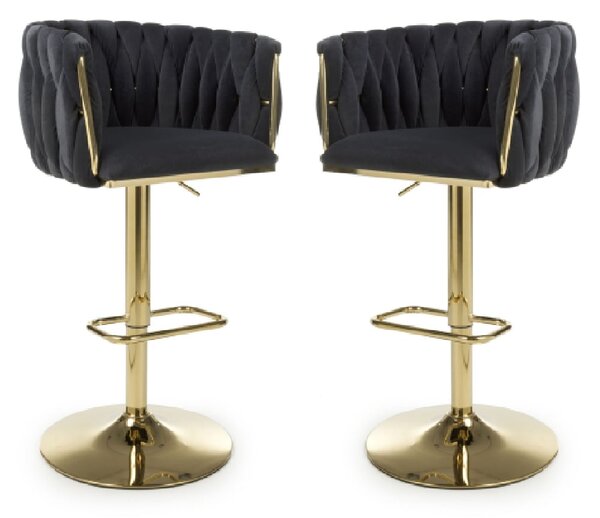 Bangor Black Velvet Bar Stools With Gold Base In Pair