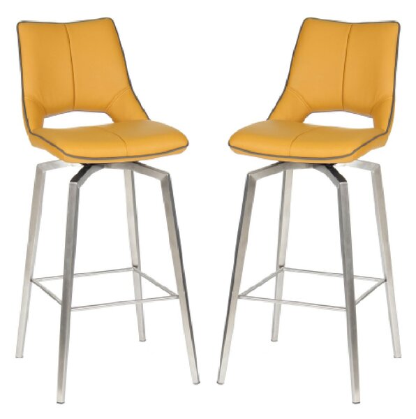 Mosul Yellow Leather Bar Chairs With Steel Legs In Pair